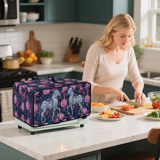 Horse Peony Print Toaster Oven Dust Cover for Kitchen Counter Decor Heavy Duty Bread Maker Cover Dust Protection 20.5 x 16.5 x 10 Pink