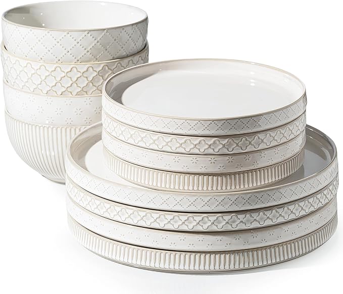 Getstar Dinnerware Sets Plates and Bowls Sets (10.5” Dish + 8” Dish + 6” Bowl) for 4 Microwave and Dishwasher Safe Ceramic Dinnerware Set (12 Piece)