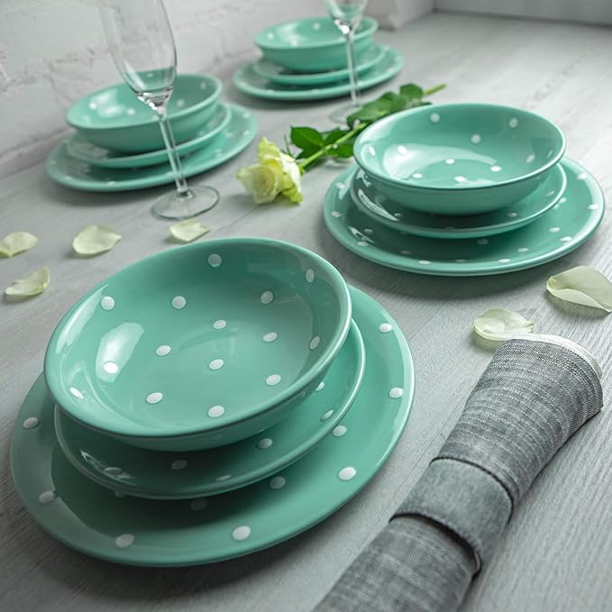 Handmade Teal Blue and White Polka Dot Ceramic 12 piece Dinnerware Set | Pottery Tableware Service for 4 | Dinner Plates | Side Plates | Bowls | Housewarming Gift by City to Cottage®