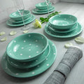 Handmade Teal Blue and White Polka Dot Ceramic 12 piece Dinnerware Set | Pottery Tableware Service for 4 | Dinner Plates | Side Plates | Bowls | Housewarming Gift by City to Cottage®