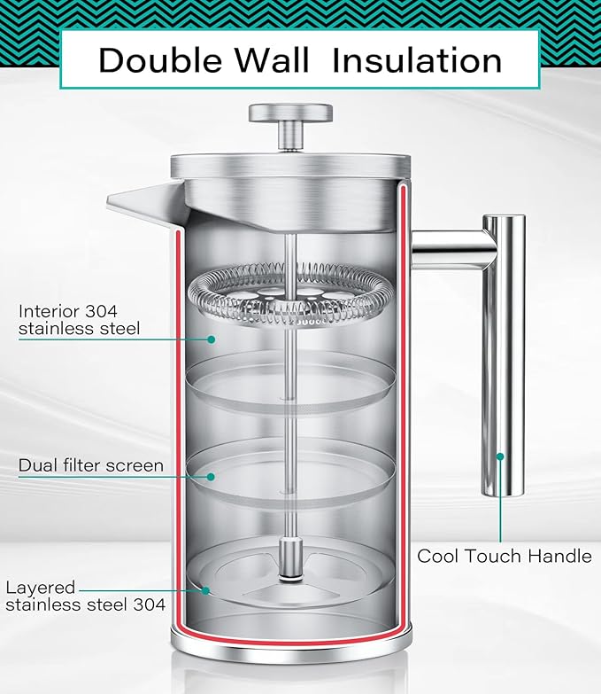 Coffee Gator 304 Grade Stainless Steel French Press Coffee Maker 34 oz Double Wall Insulated Teapot with 4-Level Filtration System Include Travel Jar Canister Rust-Free Dishwasher Safe Silver