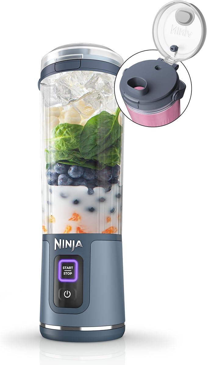 Ninja BC151NV Blast Portable Blender Cordless 18oz. Vessel Personal Blender-for Shakes &amp Smoothies BPA Free Leakproof-Lid &amp Sip Spout USB-C Rechargeable Dishwasher Safe Denim Blue (Ren