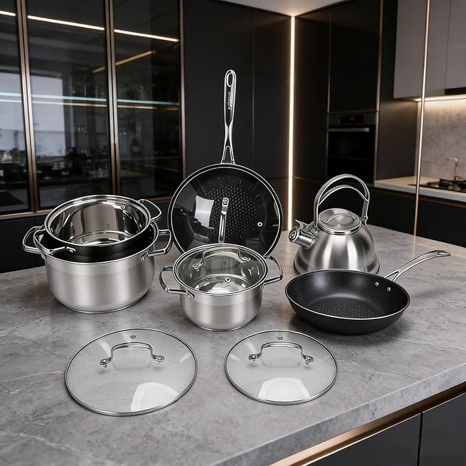 Stainless Steel Cookware Set 10 Piece Pots and Pans Kitchen Set with Saucepan Frying Pan Kettle for Stovetop Oven Safe Cooking