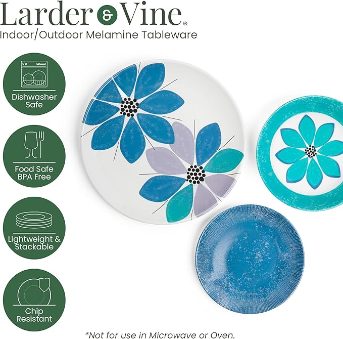 Larder &amp Vine 12-Piece Melamine Dinnerware Set: Durable Lightweight Break-Resistant Plates &amp Bowls – Stylish Non-Toxic Dishwasher Safe – Ideal for Everyday Use Indoor &amp Outdoor Dining