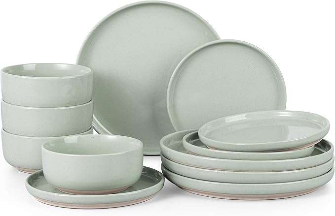 HaWare Stoneware Dinnerware Sets 12-Piece Plates and Bowls Set for 4 Dishes Set for Home Restaurant Speckled Asparagus Green