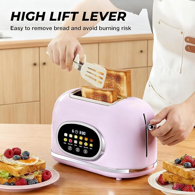 Roter Mond 2 Slice Toaster Smart Touch Screen Retro Stainless Steel Bread Toaster with Digital Timer Sleep Mode Bagel Cancel and Defrost Functions 6 Bread Types and Shade Settings Light Purple