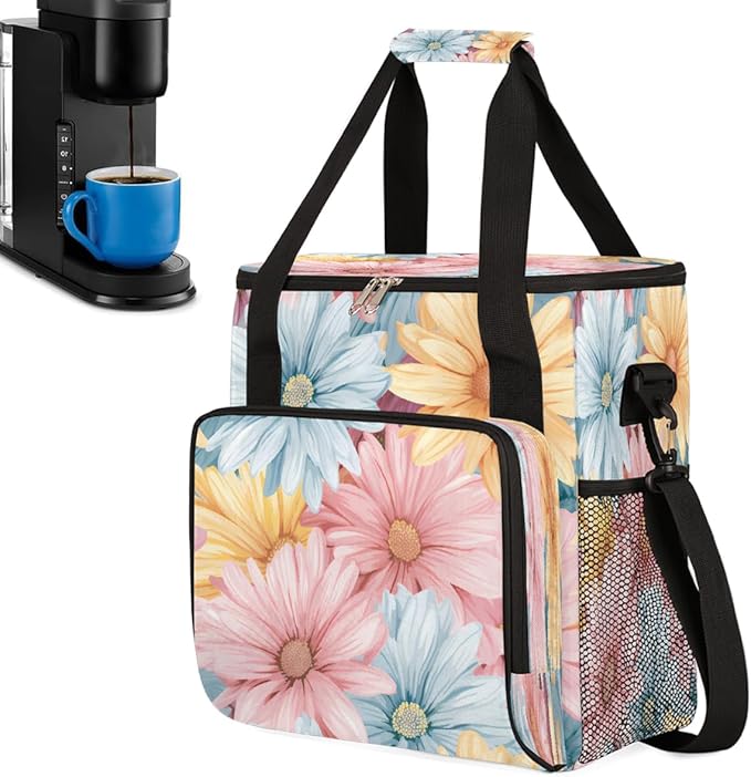 Daisy Flower Pattern Coffee Maker Carring Bag Travel Carrying Storage Tote Bag Compatible with Keurig K-Mini or K-Mini Plus Portable Single Serve Coffee Brewer Case with Pockets for K-cup Pods