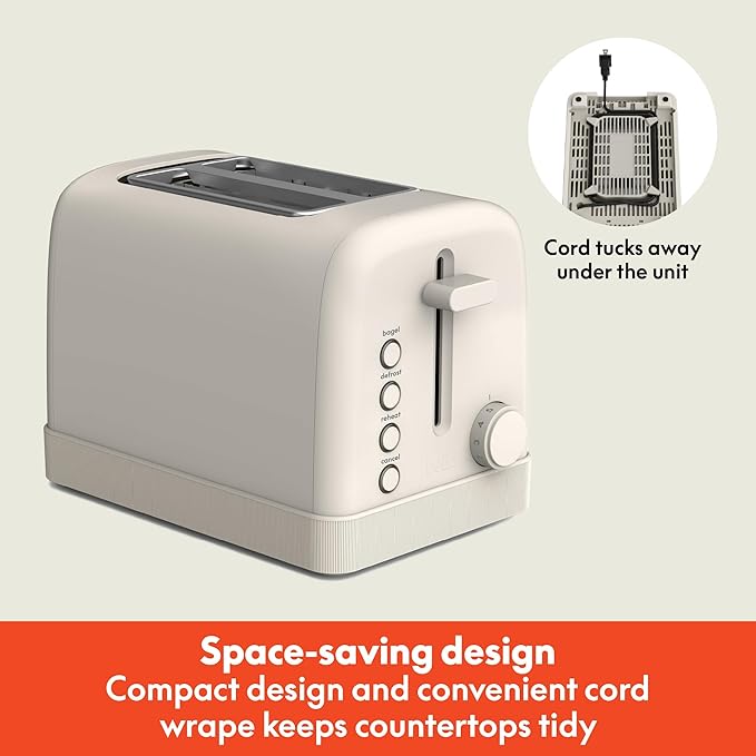 bella 2 Slice Toaster 6 Setting Shade Control w Reheat Cancel Bagel &amp Defrost Buttons Removable Crumb Tray Anti Jam &amp Auto Shutoff Auto Centering Guides &amp Cord Wrap 900 Watt Oatmil