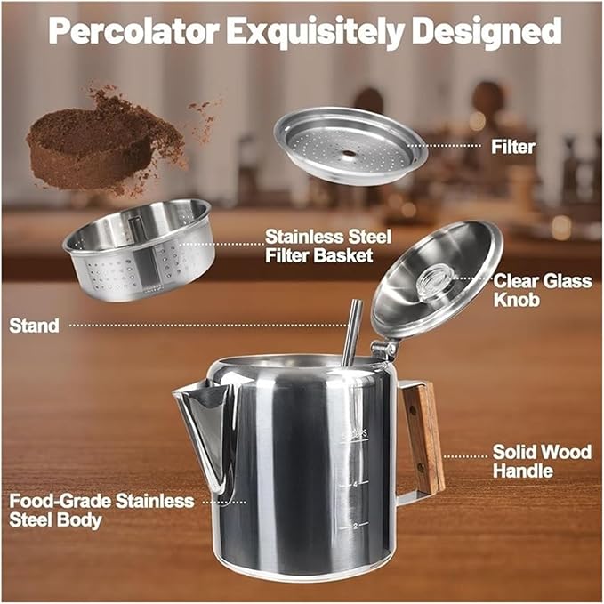 Mocha For Home And Camping 6 Cup Percolator 304 Stainless Steel Coffee Pot Coffee Maker With Handle Stovetop 1000Ml