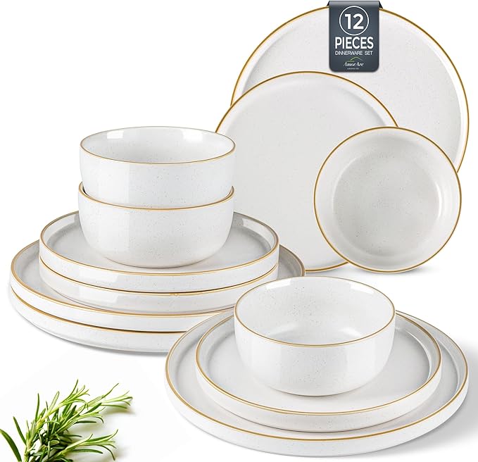 AmorArc Stoneware Dinnerware Sets for 4Reactive Ceramic Plates and Bowls SetHighly Chip and Crack Resistant | Dishwasher &amp Microwave Safe | Round Dishes Set Service for 4 (12pc)