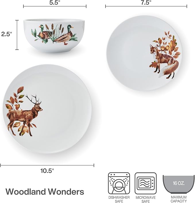 Studio Nova Woodland Wonders Lodge 12 Piece Dinnerware Plate Bowl Set Service for 4