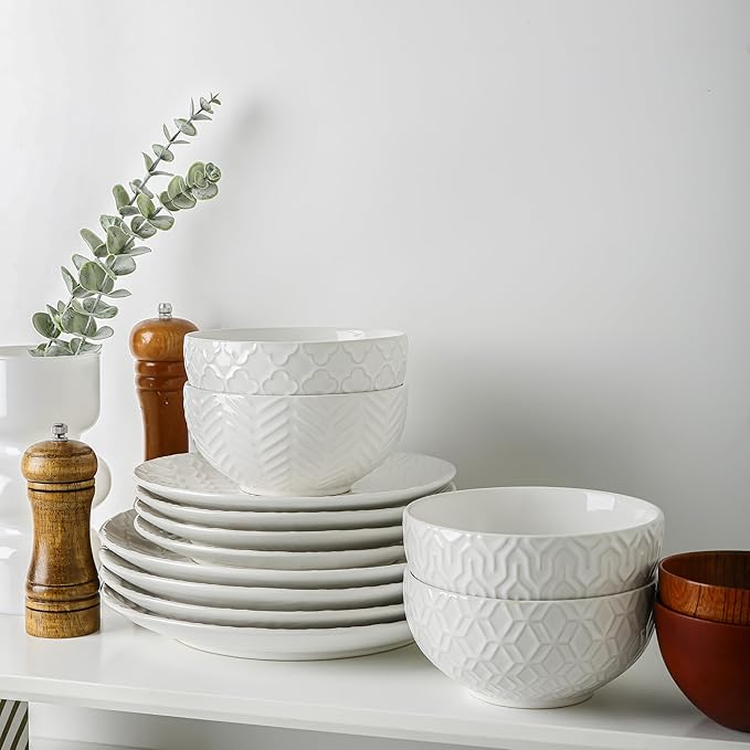 Sureasy Ceramic Dinnerware Set for 4 16 Pieces Embossed Plates and Bowls Sets Scratch Resistant Dish Set Microwave Oven &amp Dishwasher Safe White