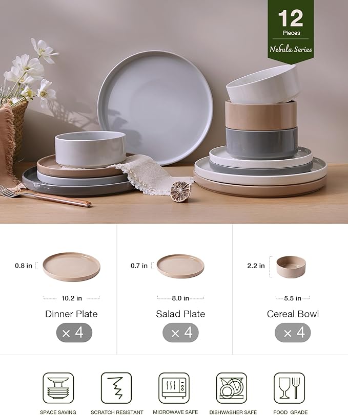 Famiware Nebula Plates and Bowls Set 12 Pieces Dinnerware Sets Dishes Set for 4 Multi-color