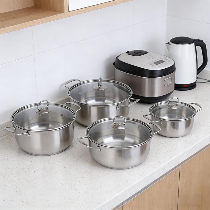 Stainless Steel Cookware Set 5 Piece with Glass Lids 18cm to 26cm Pots Including Milk Pan for Home Kitchen Complete Cooking Pot Set with 20 Accessories for Family Meals
