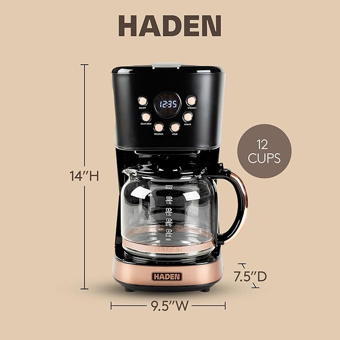 HADEN Coffee Machine 12 Cup Programmable Drip Coffee Maker with Auto Shut-Off Function and Reusable Washable Water Filter Black &amp Copper