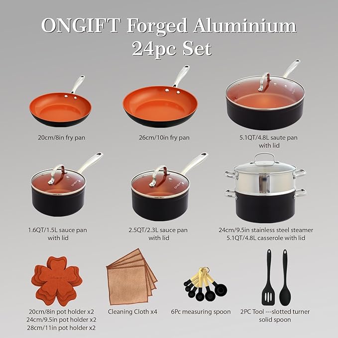 24 Pcs Pots and Pans Set Nonstick Ceramic Cookware Sets Kitchen Cookware Sets without PFAS PTFE or PFOA Compatible with All Stovetops Oven SafeCopper