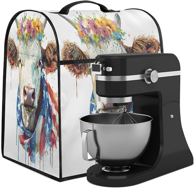 Kitchen Aid Mixer Cover Watercolor Cow American Flag Stand Mixer Cover Compatible with 6-8 Quarts Stand Mixers Dust Covers with Zipper Pocket Foldable Washable Kitchen Aid Organizer Bag