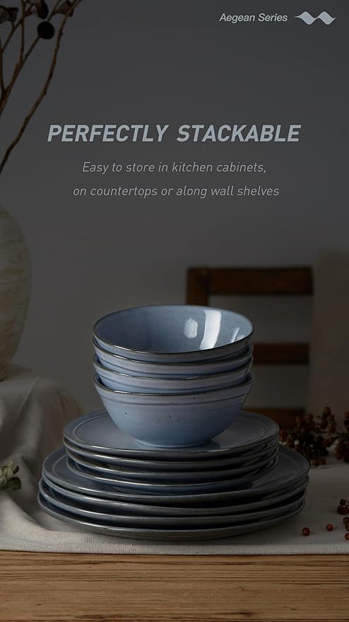 Famiware Aegean Stoneware Dinnerware Set for 8 Plates and Bowls Sets 24 Pieces Scratch Resistant Dinner Set Handmade Irregular Round Dishes - Microwave and Dishwasher Safe Blue Grey