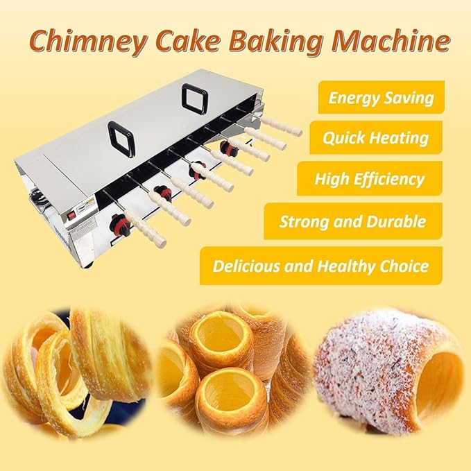 LPG Chimney Cake Oven 220V 50W Stainless Steel Ice Cream Cone Grill Maker 8pcs Roll Elements for Commercial Use