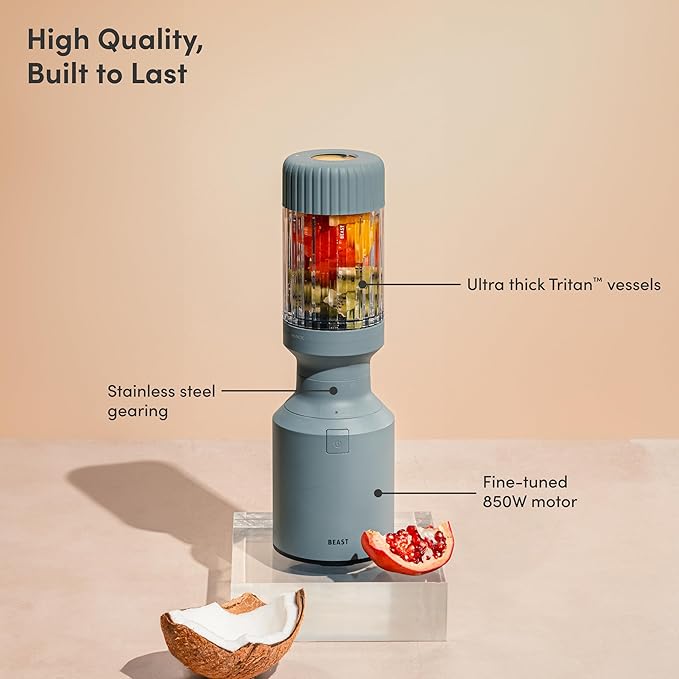 Beast Mighty 850 Plus | Premium Compact Personal Blender | Smoothies Shakes Dressings Sauces | Blends Ice and Frozen Fruit | New XL Vessel | Extra Vessels Lids and Straws | 850W (Mist)