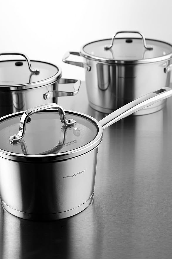 FLORINA Professional Stainless Steel Cooking Pot Set 8 Pieces Induction 4 Saucepans 4 Glass Lids Suitable for All Hobs Dishwasher Safe