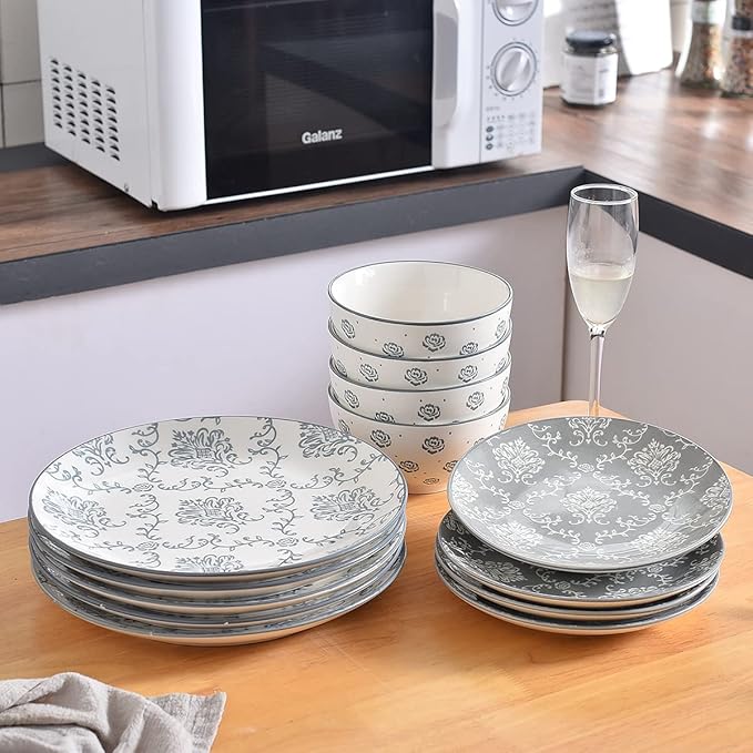 12-Piece Dinnerware Set Ceramic Dish Set with Plates Bowls Nonstick Durable Stoneware Grey for Kitchen