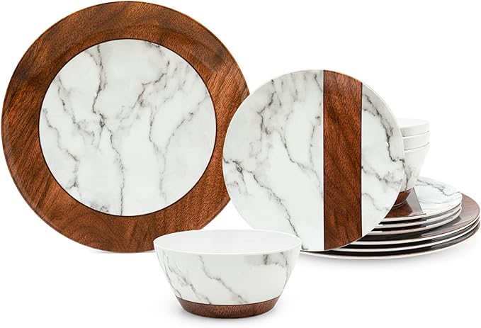 LEHAHA Rustic Modern Melamine Dinnerware Sets Marble 12-Piece Lightweight Outdoor Plates and Bowls Sets Unbreakable Wood Patterns Dishes Dinnerware Set Service for 4…