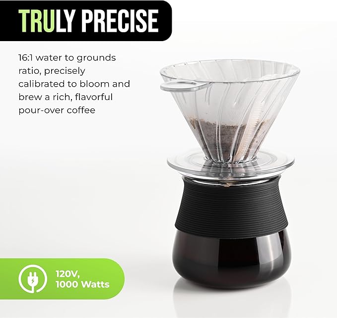TRU Automatic Pour Over Coffee Maker with Digital Controls - Auto Coffee Maker with Plastic Cone Dripper - Coffee Brewer for Household Use