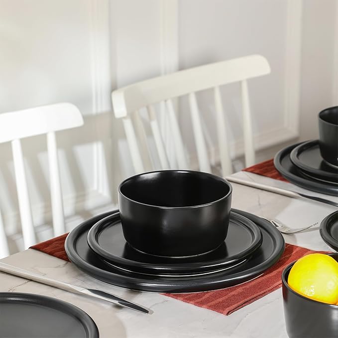 Stone Lain Eden 12-Piece Dinnerware Set Stoneware Plates and Bowls Set Dishwasher and Microwave Safe Dish Dish Set for 4 Black