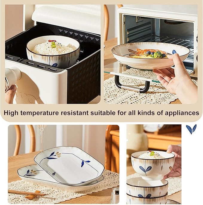 63 Pieces Dish Plates and Bowls Sets Literary Retro Style Dinner Set Thick and Anti-Scald Dish Sets Easy to Clean Dinnerware Sets Easy to Heat Microwave and Oven Safe Service for 12 People