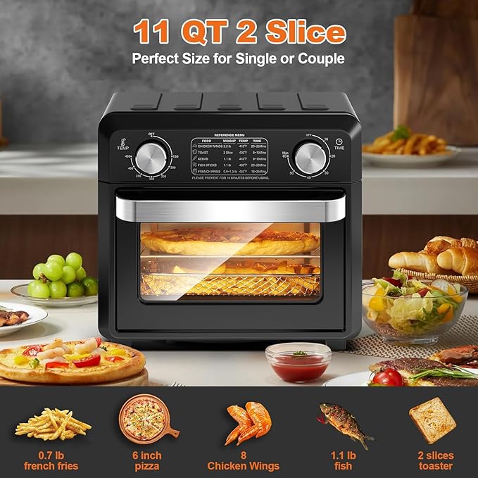 11QT Compact 2-Slice Air Fryer Toaster Oven with Reference Menus 1500W Small Convection Countertop Oven Adjustable Time &amp Temperature Ideal for Singles &amp Couples Black