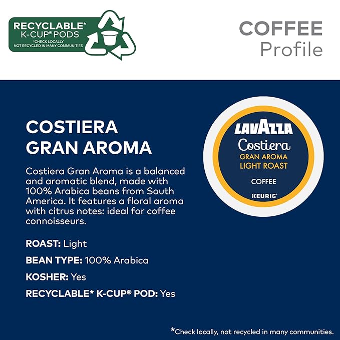 Lavazza Costiera Gran Aroma Single-Serve Keurig K-Cup Pods Light Roast Coffee 60-Count Box (6 Packs of 10)