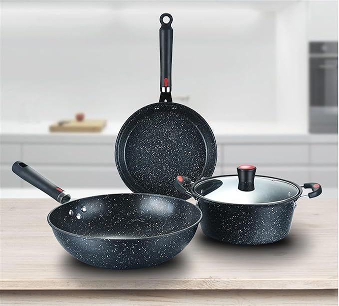 Kitchen Cooking Sets 3Pcs Cookware Set Soup Pot with Glass Lid Wok Frying Pan Wrought Iron Medical Stone Non-Stick Cooking Pot Set Kitchen Cookware Sets
