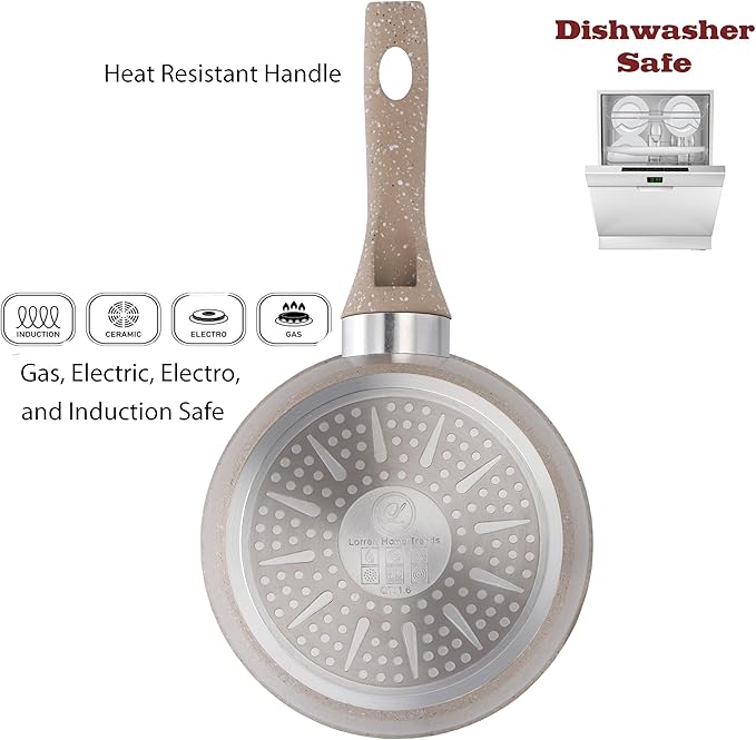 Lorren Home Trends Cookware Set Beige Granite Non-Stick Coating 10-Inch Fry Pan 5-Quart Stock Pot with Glass Lid 1.6-Quart Sauce Pot with Glass Lid 5-Piece