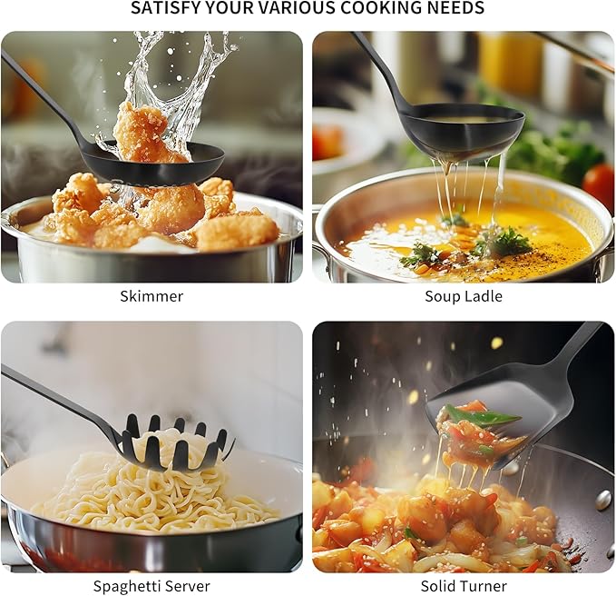 304 Stainless Steel Cooking Utensils Set 8PCS Kitchen Utensils Set Include Skimmer Soup Ladle Spaghetti Server Wok Spatula Slotted Spoon Solid Spoon Slotted Spatula Turner &amp Meat Fork Bla