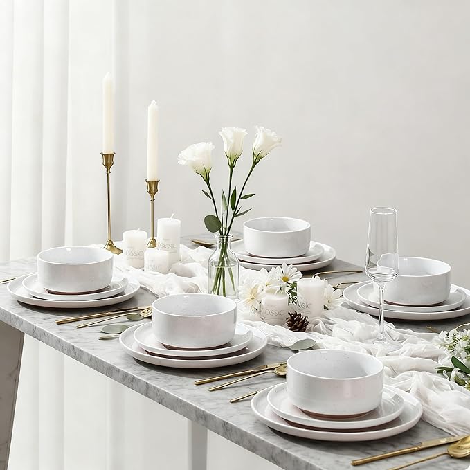 GZG Modern Art Series - 18 Pcs Speckled Stoneware Plates and Bowls Sets Ceramic Dinnerware Set with Rustic Terracotta Underside Microwave and Dishwasher Safe Handcrafted Dishes Set - Porcelain White