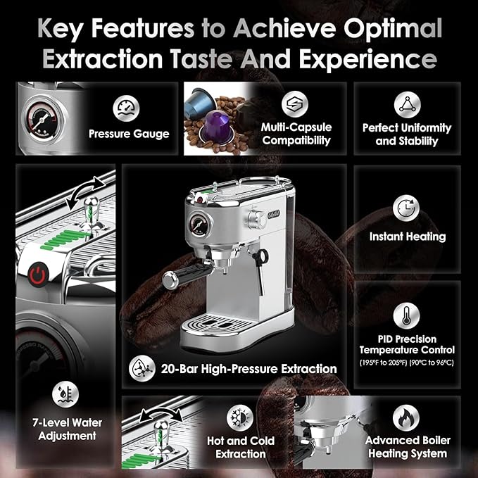 20-Bar Espresso Machine &amp Coffee Machine – Compatible with Nespresso Keurig K Cup – Hot &amp Cold Brew Milk Frother Stainless Steel – 10 oz Espresso Cup - Latte Machine &amp Cappuccino Machin