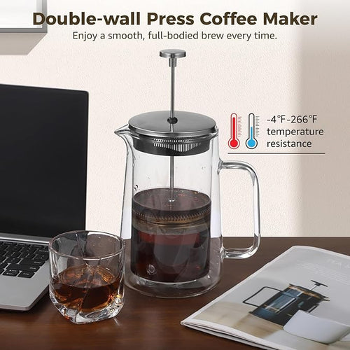 1000 Ml/33.8 Oz Press Coffee Maker Insulated Double Wall Tea Maker Heat-Resistant Borosilicate Glass With Fine Mesh Filter &amp Stylish Handle Suitable For Hot And Cold Beverages