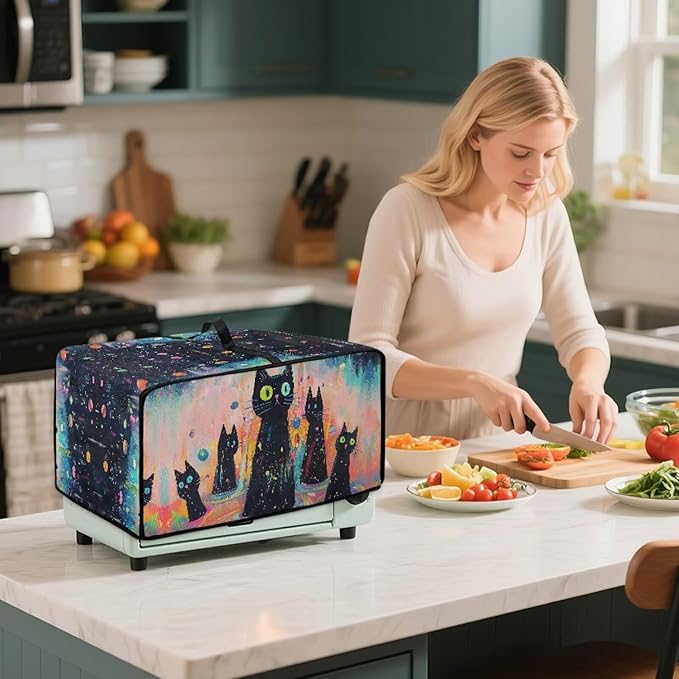 Doojoayie Cute Black Cat Toaster Cover 4 Slice Appliance Covers for Kitchen Counter 18.5x14.5x 9 Universal Fit Dustproof Protector as Kitchen Decorations