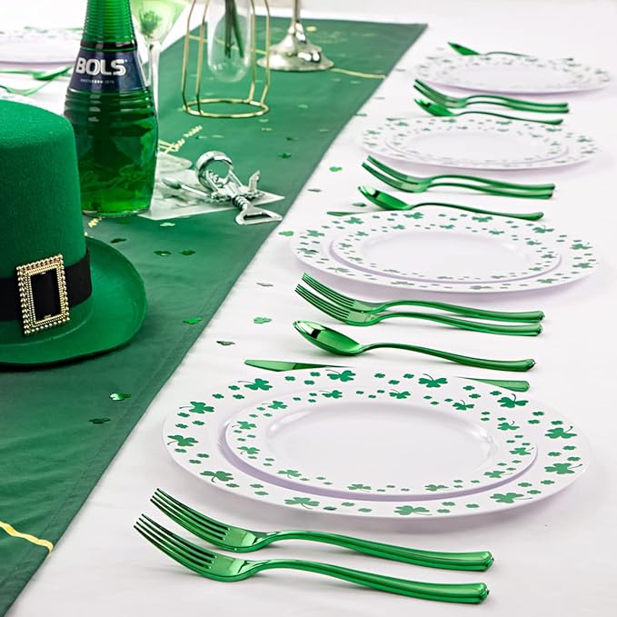 WDF 125pcs St. Patrick’s Day Plastic Plates with Shamrock Clover &amp Disposable Silverware - Premium White and Green Plastic Dinnerware for Wedding &ampParties Special for St. Patrick’s Day