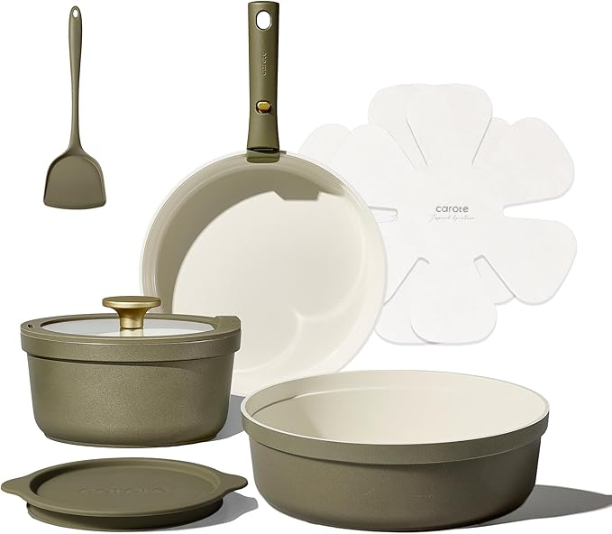 Carote 9pcs Ceramic Cookware Set with Detachable Handles Pots and Pans Set Non Stick RV Kitchen Cooking Pot and Pan Dishwasher Safe Non-toxic Induction Cookware PFAS and PFOA Free Olive Green