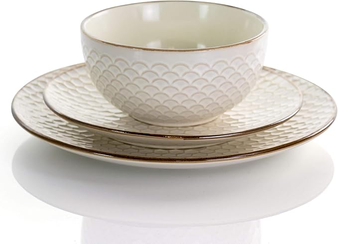 UKN Honey Ivory 16 Piece Stoneware Dinnerware Set in Textured Casual Round Dishwasher Safe