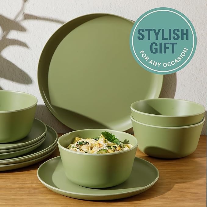 Gibson Home Fairhope 12-Piece Matte Green Melamine Dinnerware Set – Durable Lightweight Plates and Bowls Kitchen Dining Set