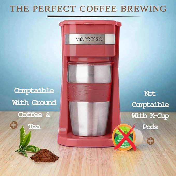 Mixpresso Red Personal Single Serve Coffee Maker with 14oz Travel Mug Drip Small Coffee Maker with Auto Shut Off Reusable Filter Works with Ground Coffee Only – Not for K-Cup Pods