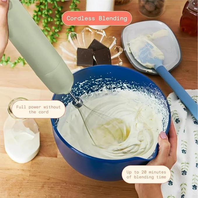 Cordless Hand Blender with 2-Cup Chopper Whisk &amp Large Measuring Cup Perfect for Cooking Smoothies Sauces Purees and Meal Prep (Sage Green)
