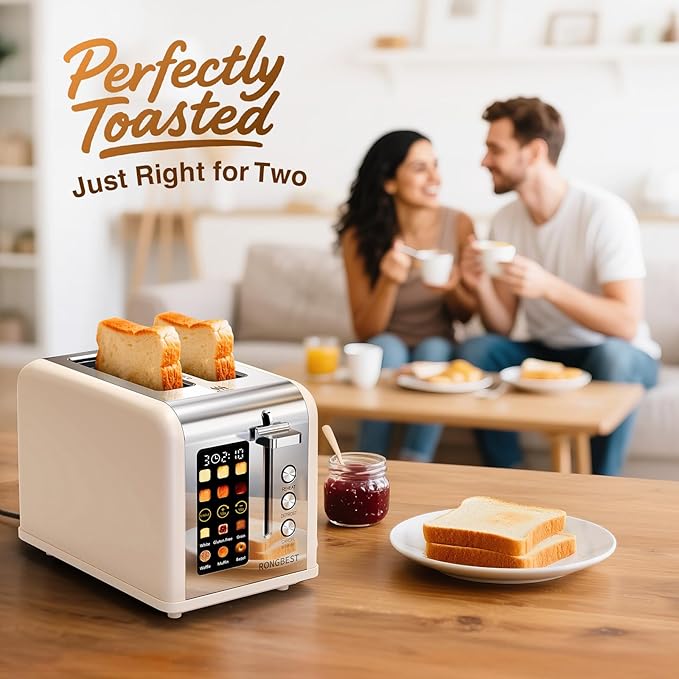 2 Slice Easy Touch Screen Toaster Stainless Steel Toaster with Wide Slots Even Toasting for Bagels &amp Bread Reheat &amp Defrost Removable Crumb Tray Cream Color