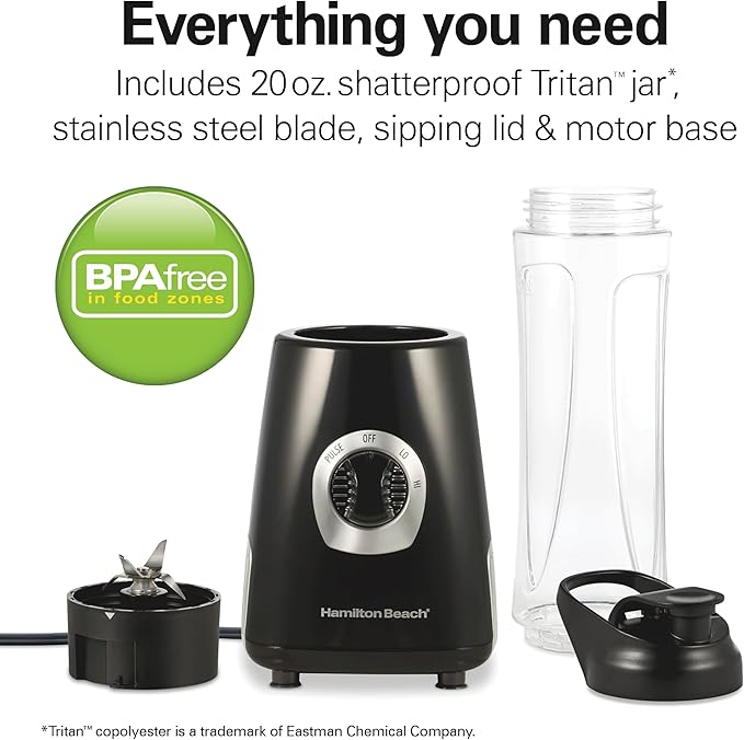 Hamilton Beach Go Sport Portable Blender For Smoothies With 20 Oz. Blend-In Personal Travel Jar 600 Watt Motor And Stainless Steel Blades For Powerful Blending Performance Black (51143G)