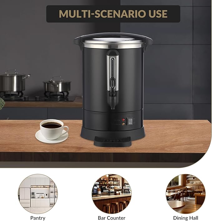 Coffee Urn 14L Hot Beverage Dispenser for Catering Double-Wall Stainless Steel Percolator Dripless Faucet Coffee Urn w/Water Level Gauge &amp Drip Tray Keep Warm Indicator Lights Black
