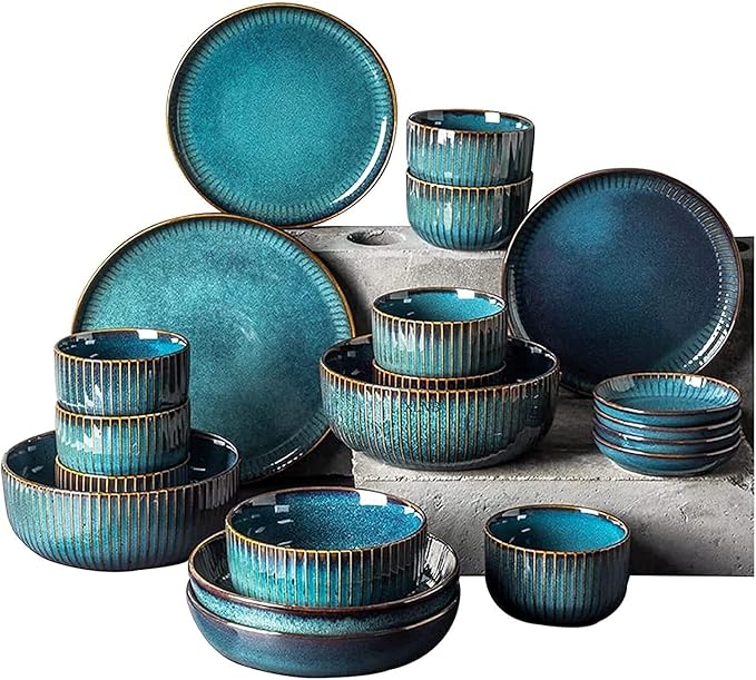 Dinnerware Set Luxury Family Dinner Service Set Porcelain Dinnerware Set Ceramic Plates And Bowls Sets Modern Vintage Lounge Round Reactive Glaze Dishes Set