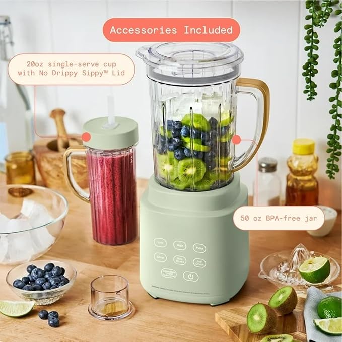 PowerExact Blender 700W with PrecisionSense Auto-Adjust Dual Jar System 4 Preset Programs Dishwasher Safe Parts (Sage Green)